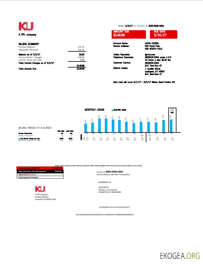 USA Kentucky electricity utility bill template in Word and PDF format